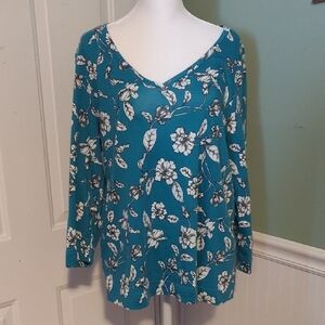 Chico's Size 2 Large Floral Long Sleeve Top Shirt Teal Any Season V-neck